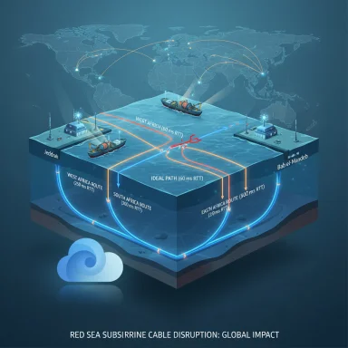 3D infographic illustrating Red Sea submarine cable disruption and its global impact.