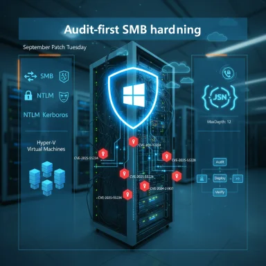 Data center server rack with a glowing Windows shield and audit-focused overlays.