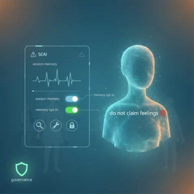 Futuristic holographic UI shows session memory toggles beside a glowing humanoid figure and a do not claim feelings note.