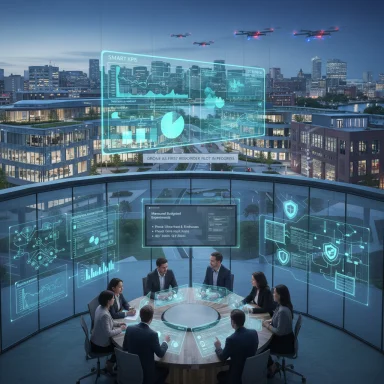 Futuristic boardroom with holographic data displays around a round table overlooking a city.