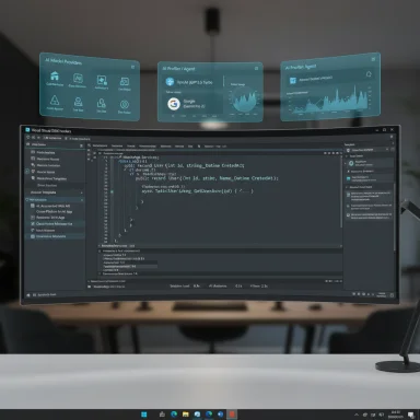 Curved monitor displays a code editor while floating holographic AI dashboards hover overhead.