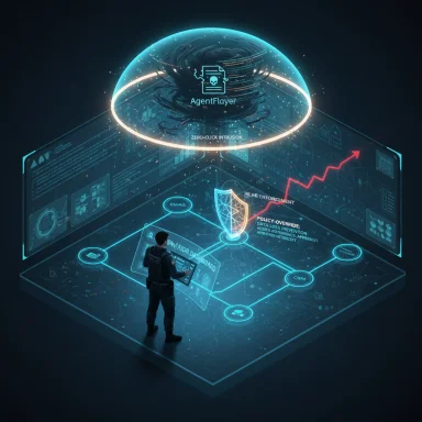 A security agent reviews a neon holographic cybersecurity interface beneath a glowing dome.