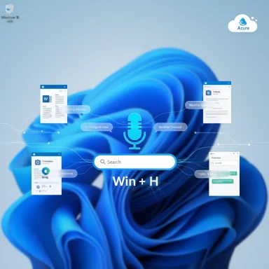 Windows 11 concept desktop with a central mic, search bar, and floating app previews around a blue wallpaper.