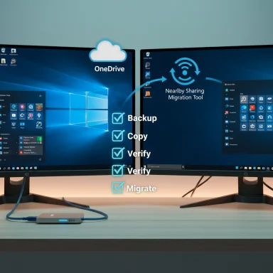 Dual monitors display OneDrive cloud backup and a migration checklist (Backup, Copy, Verify, Migrate).
