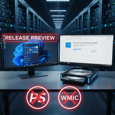 Data center desk with dual monitors: Windows release preview left, ISO install right, no-PX and no-WMIC icons.