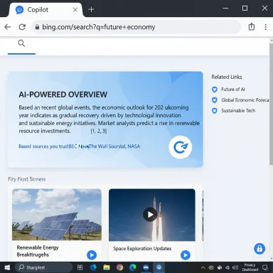 Bing Copilot AI dashboard with an AI-powered overview and energy/space video tiles.