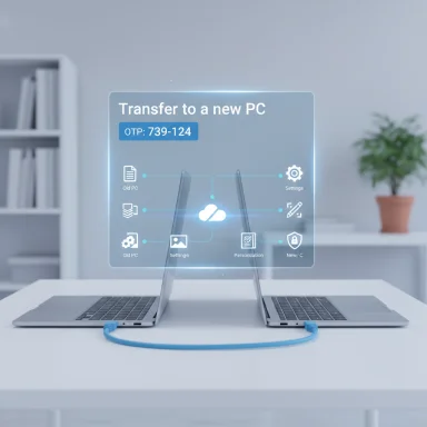 Two laptops connected by a blue cable display a holographic “Transfer to a new PC” screen.