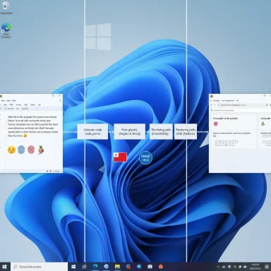 Windows 11 desktop with a flowchart mapping Unicode code points to emoji rendering.