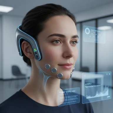 A woman wears a futuristic headset with holographic UI overlays.