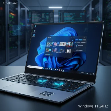 Futuristic Windows 11 laptop in a data center, with a glowing blue keyboard.