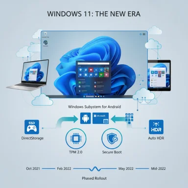 Windows 11: The New Era with Windows Subsystem for Android, DirectStorage, TPM 2.0, Secure Boot, and Auto HDR.