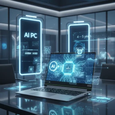 Futuristic AI PC setup with neon holographic interfaces in a sleek lab.