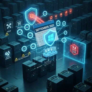 Futuristic data center with glowing cybersecurity holograms and a September 2025 calendar.