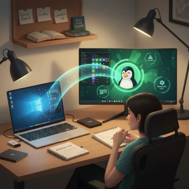 A person sits at a wooden desk with a laptop and two monitors, one showing a Linux/Tux wallpaper.