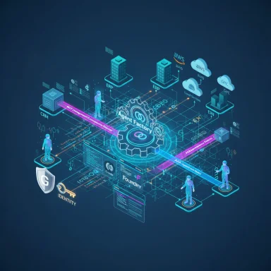 Futuristic digital network hub Agent Factory linking ERP, CRM, cloud services, and identity security.