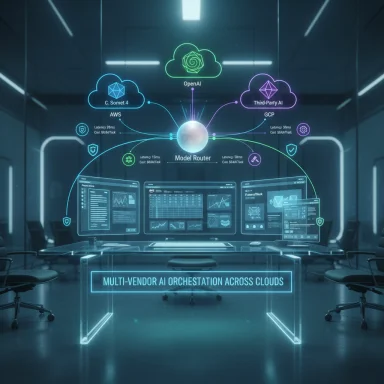 Futuristic control room with holographic AI cloud orchestration across multiple clouds.