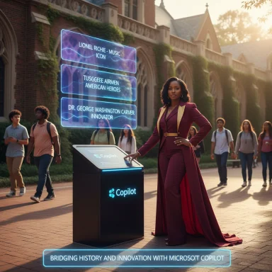 Stylish woman in a burgundy suit stands beside a Copilot kiosk on campus with glowing holographic history plaques.
