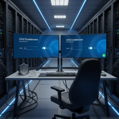 Dual-monitor workstation in a server room, displaying 25H2 Enablement on both screens.