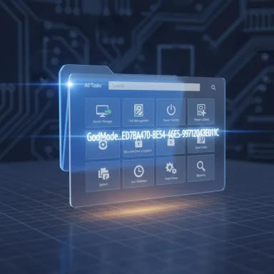 A glowing holographic Windows-style task dashboard labeled GodMode over a blue circuit background.