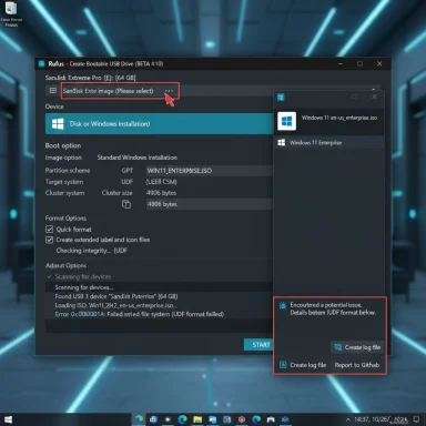 Rufus prompts to select a USB image, with an error box about UDF format.