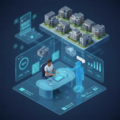 A person sits at a futuristic desk analyzing a digital twin of a smart housing development with holographic dashboards.