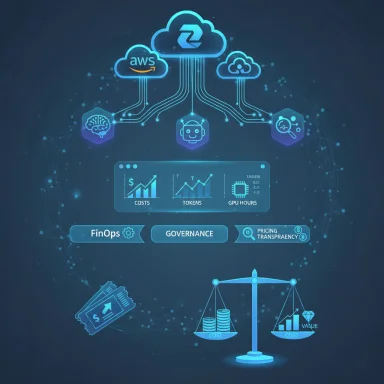 Futuristic cloud-finance dashboard with costs, tokens, GPU hours and FinOps governance.