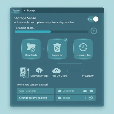 A sleek UI panel for Storage Sense cleanup with Downloads, Recycle Bin, and Temporary files.