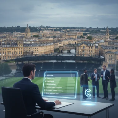 Executive at a holographic desk reviews urban planning topics with a team against a historic cityscape.