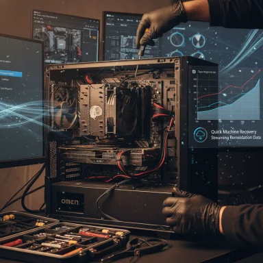 A technician in gloves builds a PC inside an open case, with monitors showing data charts.
