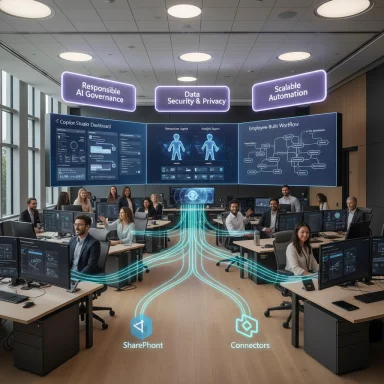 Futuristic command center with a diverse team and glowing data streams linking SharePoint and Connectors.