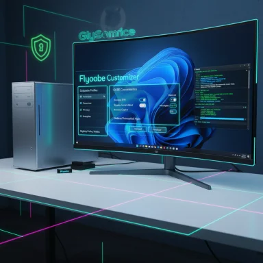 A neon-lit desk setup with a curved monitor displaying a futuristic UI beside a PC tower.