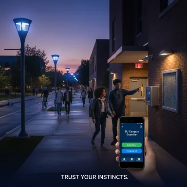 Campus pedestrians at dusk, a hand holds a phone showing a safety app.