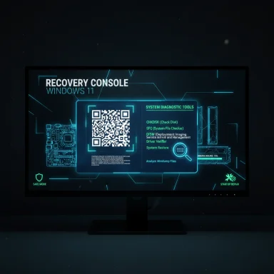 A neon blue Windows 11 Recovery Console UI on a monitor, featuring a QR code and system diagnostic tools.