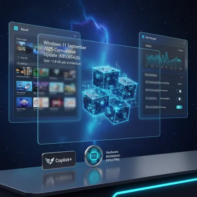 Futuristic holographic Windows UI panels float in space, showing a Windows 11 update, Task Manager, and Copilot+.