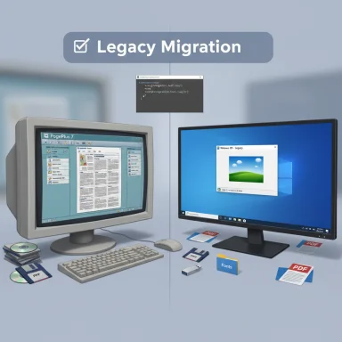 Legacy Migration: an old CRT PC sits beside a modern PC, with PDFs, fonts, and disks.