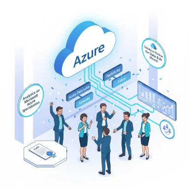 A business team collaborates around Azure cloud data analytics tools like Data Lake, Synapse, and Fabric.