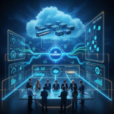 A futuristic AI data foundry with a team around a glowing interactive table and holographic dashboards.