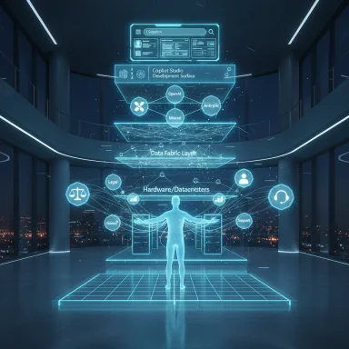 A futuristic holographic data interface hovers around a standing figure in a high-tech control room.
