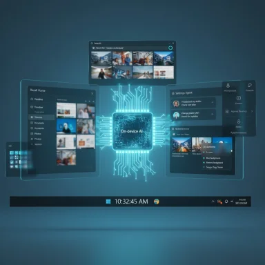 Futuristic holographic UI panels surround a glowing 'On-device AI' chip in a blue, high-tech display.