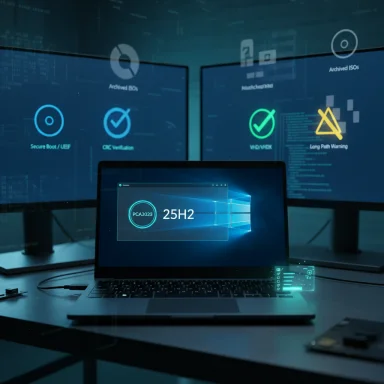 Futuristic cybersecurity workspace with a laptop and holographic screens displaying security icons.