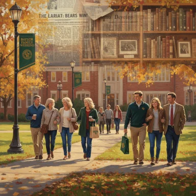 Alumni walk across a Baylor University campus in autumn, amid fall leaves and campus banners.
