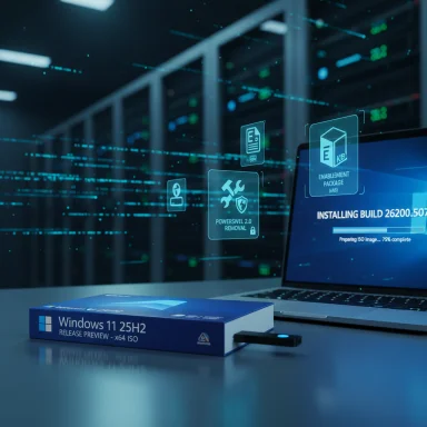 Windows 11 25H2 ISO box on a desk as a laptop shows installation progress with holographic icons.