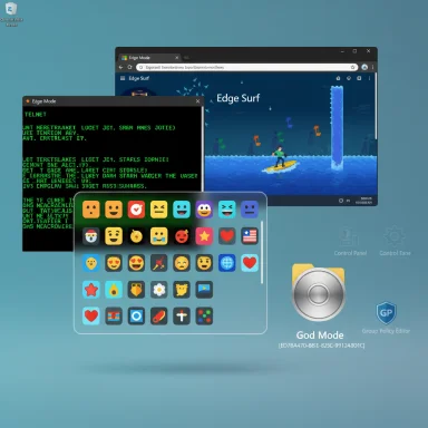 A futuristic desktop shows a retro Telnet window, emoji grid, and the 'Edge Surf' game on a blue background.