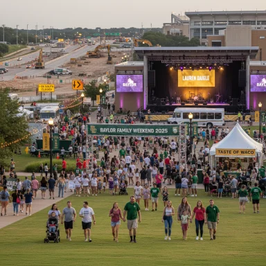 Crowd attends Baylor Family Weekend 2025 as Lauren Daigle performs on a large outdoor stage.
