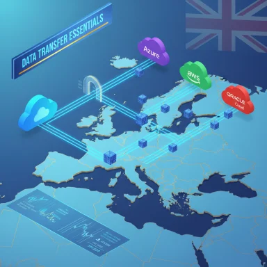 3D map of Europe showing cloud data transfer links to Azure, AWS and Oracle Cloud.