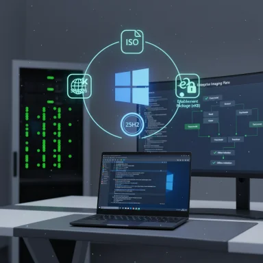 Futuristic IT setup with holographic icons circling a Windows logo above a laptop and monitor.