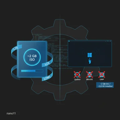 Blue tech infographic showing a ~2 GB Windows ISO with LZ compression and blocked updates.