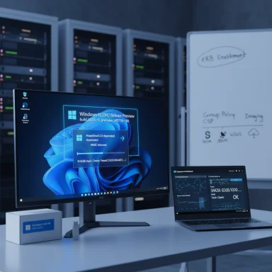 A tech lab desk with a Windows 11 PC, a laptop, and server racks in the background.