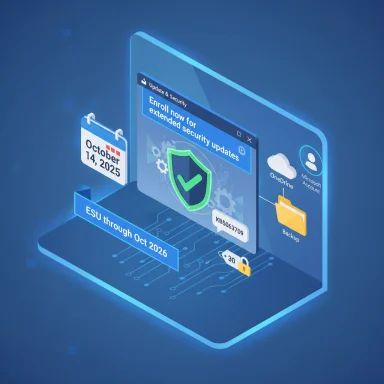 Blue 3D laptop UI promoting enrollment for extended security updates with a shield icon.
