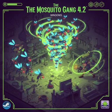 Neon-green lab where glowing mosquitoes swarm around a scientist using a device.